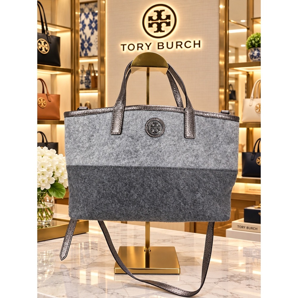 Tory Burch Ella Grey Felt Metallic Leather Trim Small Tote Crossbody Bag HPK069